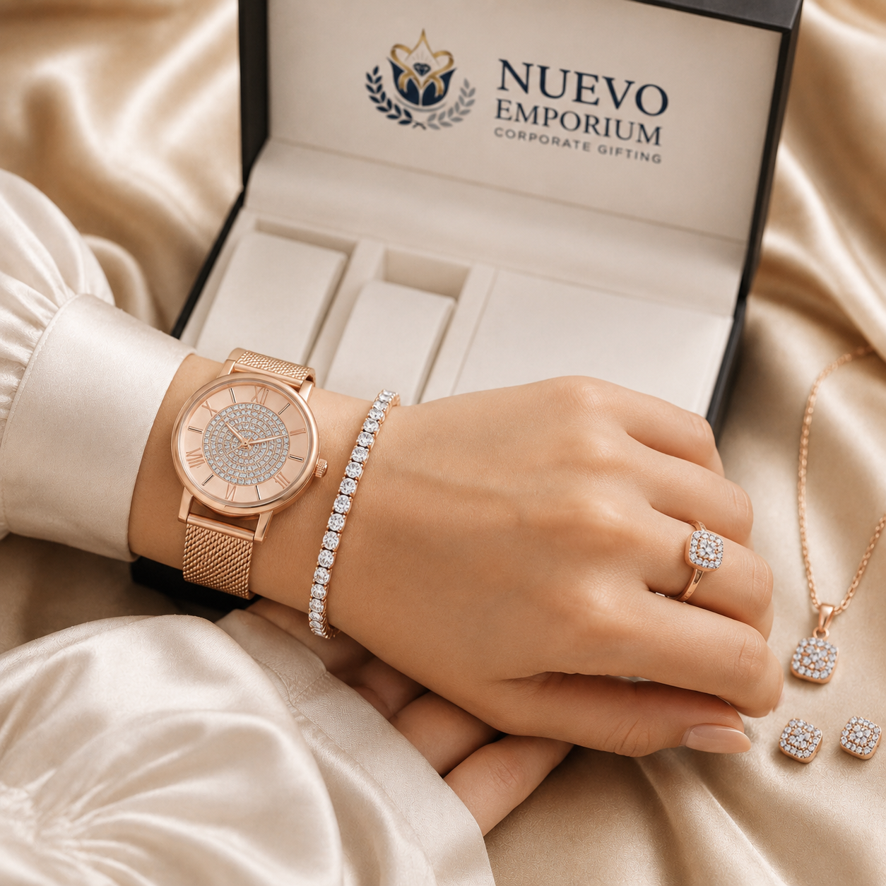 Nuevo RoseÉlan Premium Rose Gold Watch & Jewellery Gift Set for Women | Necklace, Earrings, Ring & Bracelet | Luxury Gift Box - Image 8