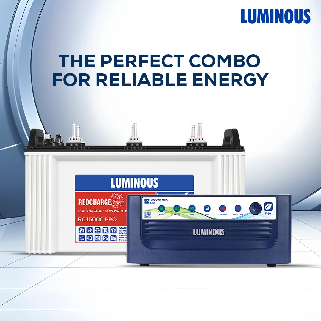 Luminous Eco Volt Neo 850 Pure Sine Wave 700VA/12V Inverter with Red Charge RC 15000PRO 120Ah Battery Combo | Ideal for Home, Office & Shops | 36M Inverter & 48M Battery Warranty - Image 2