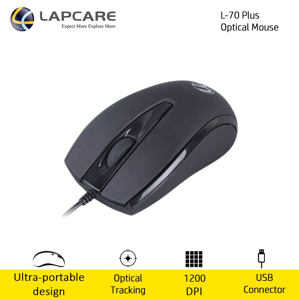 LAPCARE L-70 Plus (Ind) Wired Optical Mouse with 1200 Dpi, Plug & Play, Hi- Optical Tracking (Black) - Micro USB - Image 2