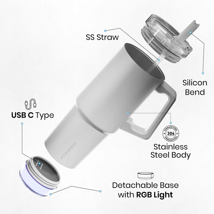 Aquaminder Nile Go+ Smart Tumbler 800ml with Sipper Cap & App Connectivity – White - Image 4