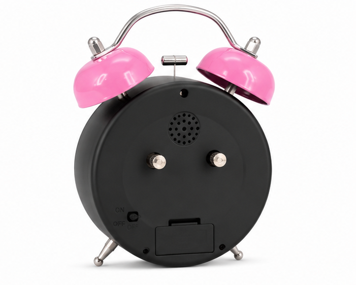 Black & Pink Twin Bell Analog Alarm Clock with Smiley Face Dial - Image 3