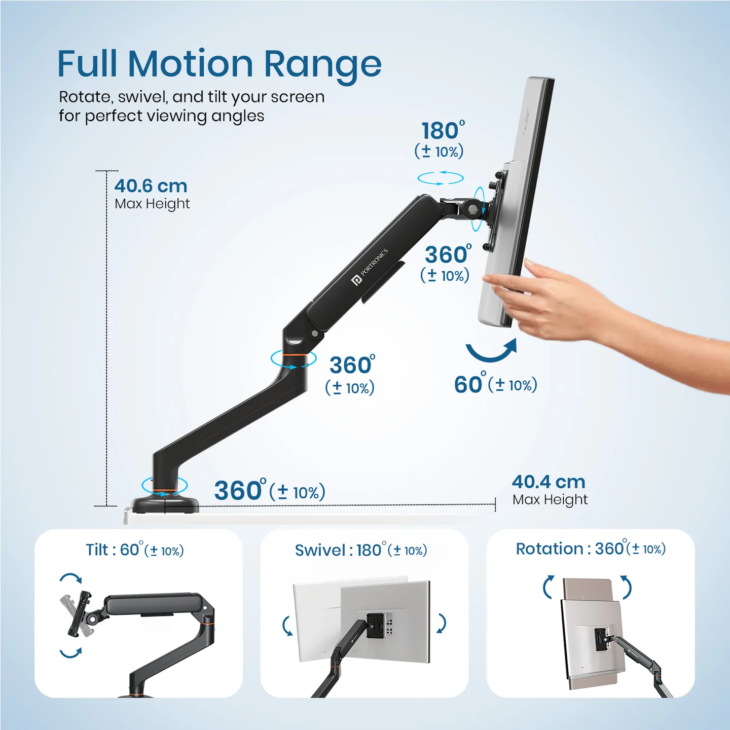 Portronics AeroLift Solo Single Monitor Arm (13–32 Inch, VESA Mount, Aluminum Build, Adjustable Desk Mount, Black) - Image 3