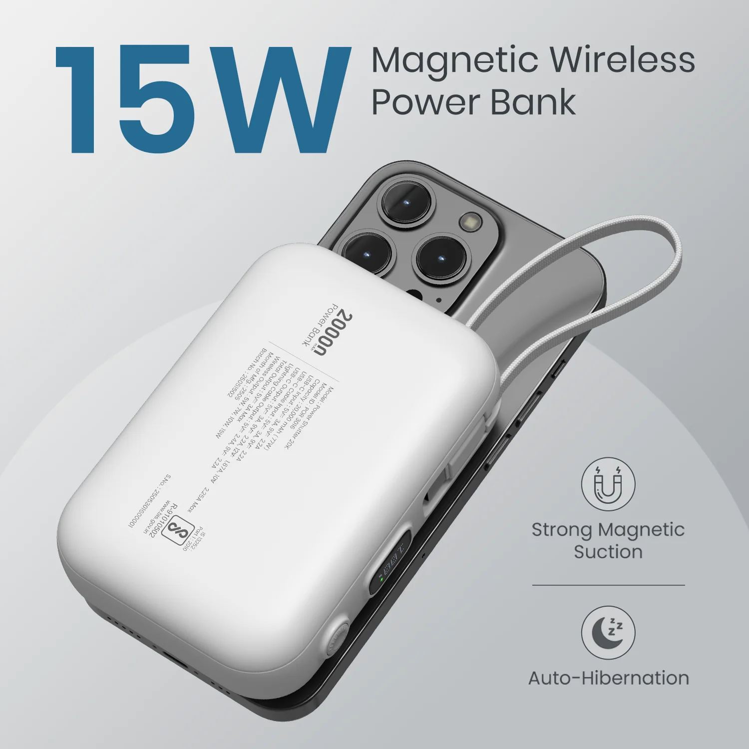 Portronics Power Shutter 20000mAh 15W Magnetic Wireless Fast Charging Powerbank with in-Built Type C & 8 Pin Cable, 22.5W Type C PD Output(White) - Image 6