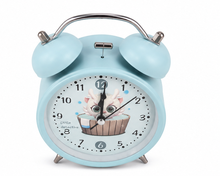 Light Blue Twin Bell Analog Alarm Clock with Cute Cartoon Dial - Image 1