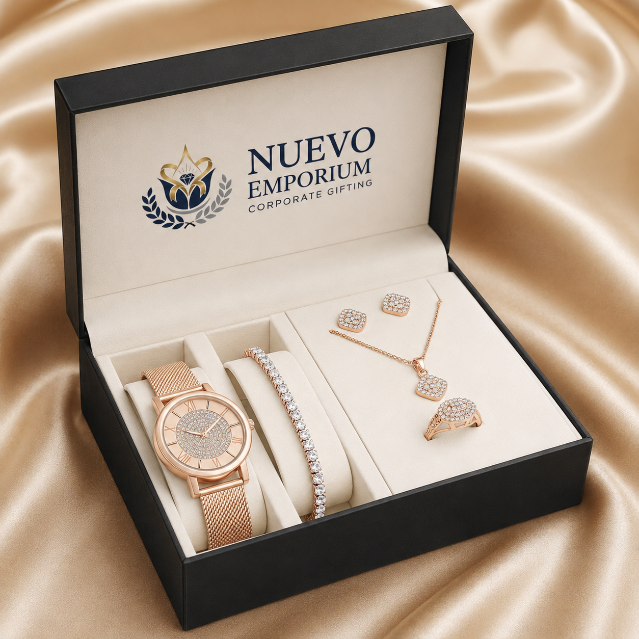Nuevo RoseÉlan Premium Rose Gold Watch & Jewellery Gift Set for Women | Necklace, Earrings, Ring & Bracelet | Luxury Gift Box - Image 4