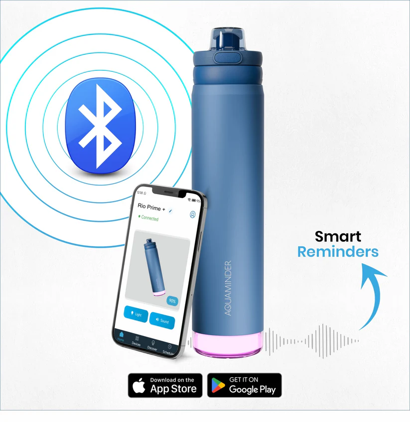 Aquaminder Rio Prime+ Smart Water Bottle, 700 ml with Beep & Glow Reminder Double Wall Stainless Steel, Hot & Cold Retention, 15-Day Battery (Navy Blue) - Image 2