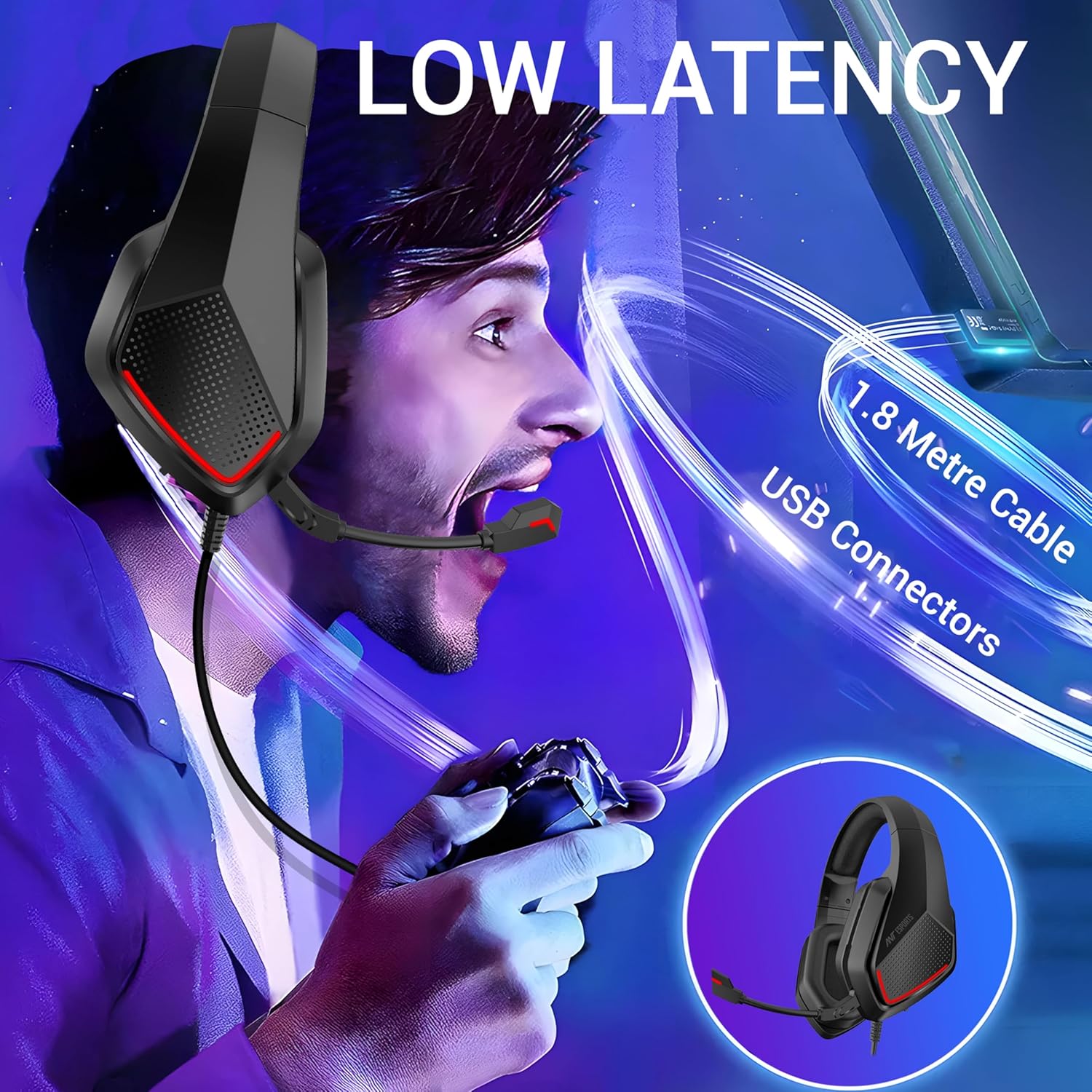 Ant Esports H590 7.1 Surround Sound Gaming Headset, USB Wired Over-Ear Headphones with 50mm Drivers, Noise Cancelling Mic, Red LED, Soft Earmuffs, for PC, PS5, Xbox, Laptop - Image 6