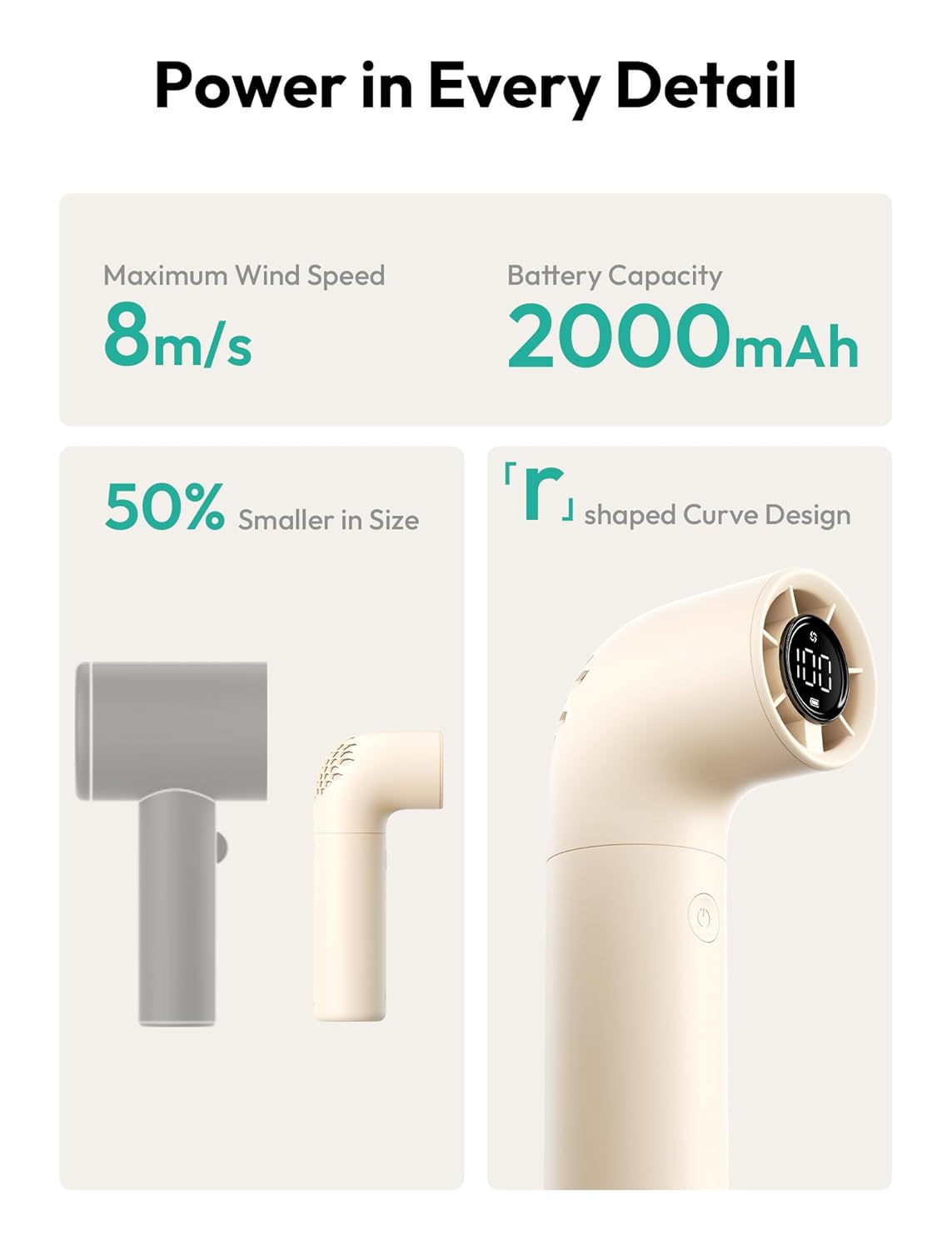 Aecooly Portable Handheld Fan, Powerful Turbo Mini Fan, 15000 RPM High Speed Aero, 8H Max Cooling Time, 4 Speeds Pocket Rechargeable Personal Small Travel GIfts for Women Men -Beige - Image 7