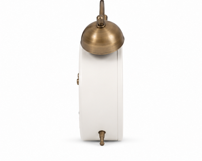 White Vintage Twin Bell Analog Alarm Clock with Antique Gold Bells - Image 3