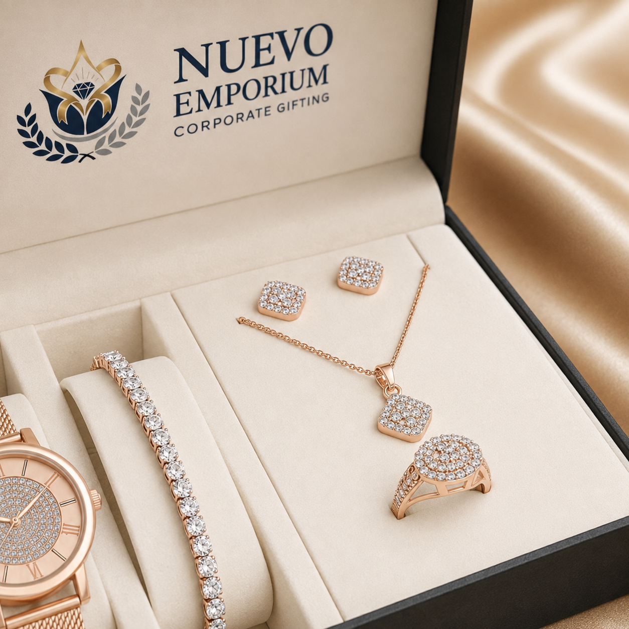 Nuevo RoseÉlan Premium Rose Gold Watch & Jewellery Gift Set for Women | Necklace, Earrings, Ring & Bracelet | Luxury Gift Box - Image 7
