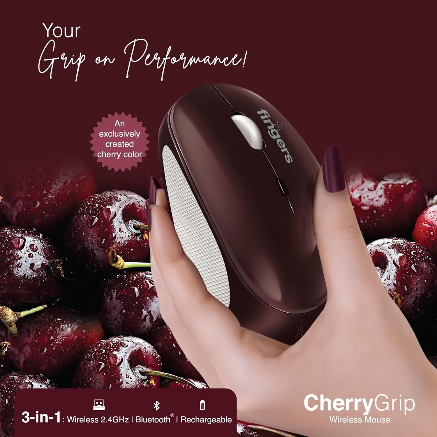 FINGERS CherryGrip Wireless Mouse - 3-in-1 (Bluetooth + USB Receiver + Rechargeable), Adjustable DPI (800/1200/1600), Ambidextrous, Anti-Slip Grip, Simple Plug-n-Play - Cherry Red - Image 2