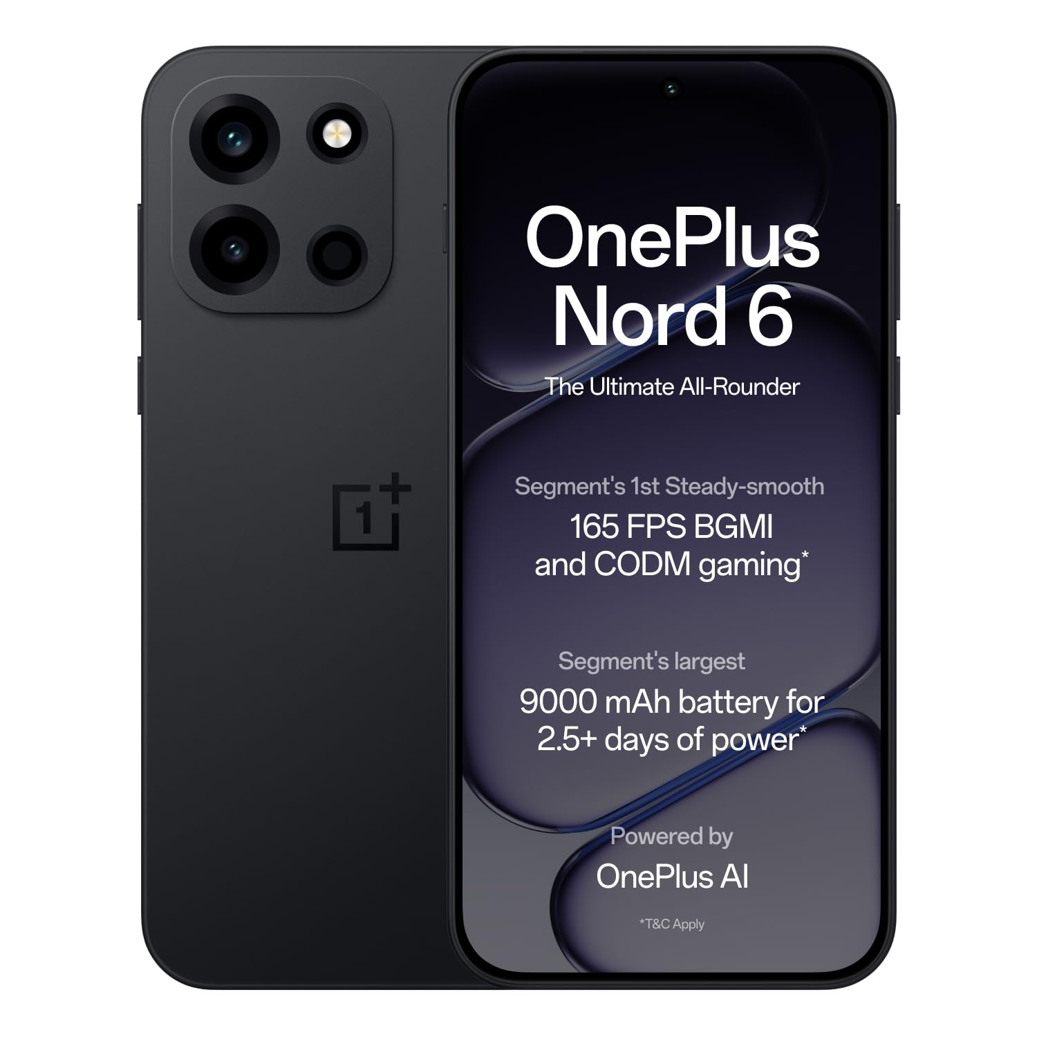 OnePlus Nord 6 | 12GB+256GB | Pitch Black | Snapdragon 8s Gen 4 | Segment's First Stable 165FPS Gaming | Segment's Largest 9000mAh Battery | Most Complete IP Rating | Personalized AI - Image 1
