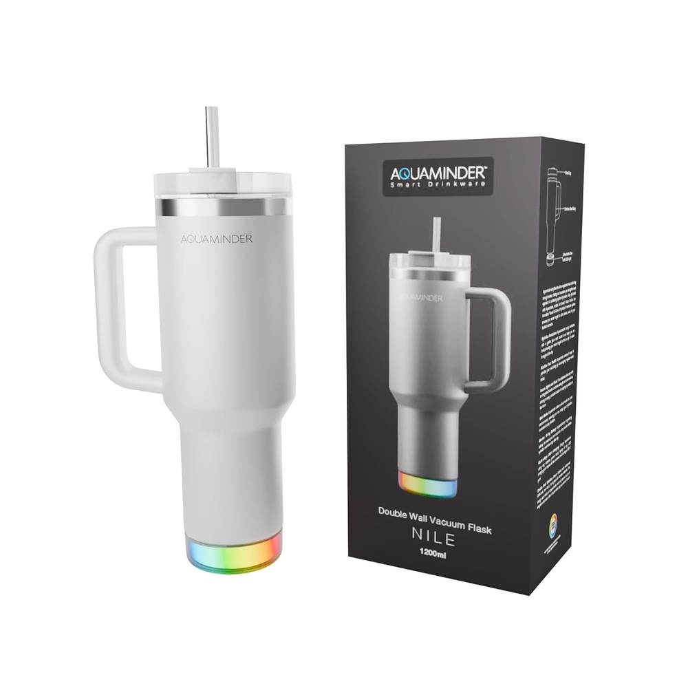 Aquaminder Smart Tumbler 1200ml Stainless Steel Vacuum Flask with Lid & Straw – SS304, Cup Holder Friendly | Car, Gym, Yoga & Travel Mug (Nile Plus, White) - Image 1