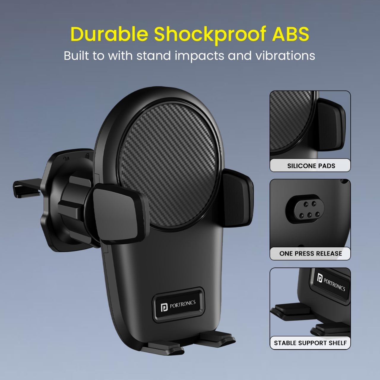 Portronics Clamp Z Car Phone Holder Stand with 360 Degree Rotation, AC Vent Mount, Strong Grip, Single Hand Use, Shockproof Build, Mobile Stand for Car (Black) - Image 7