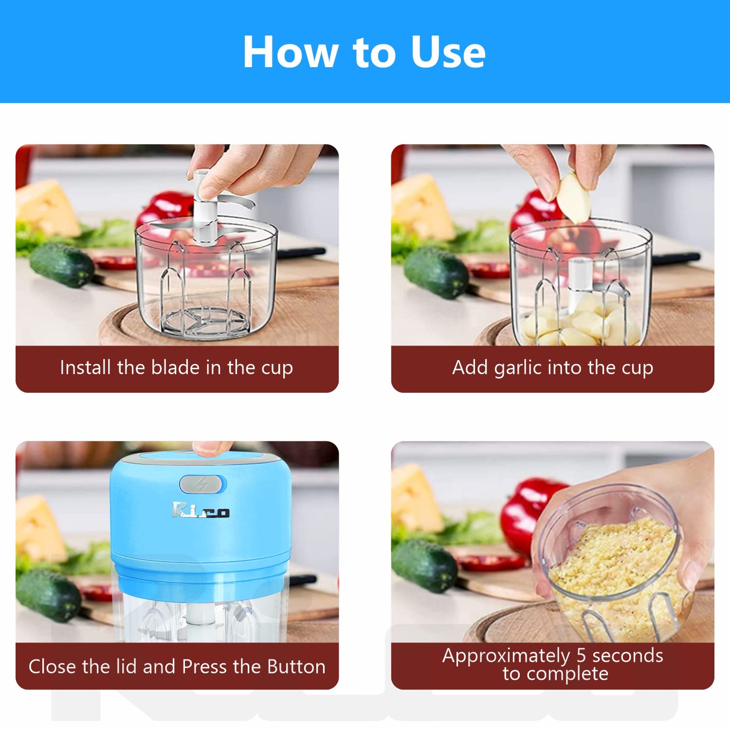 Rico Mini Electric Rechargeable Chopper for Kitchen | 1200mAh Battery, 50% Faster USB-C Charging | 250ml Onion & Vegetable Cutter | 1 Year Replacement Warranty | Ideal for Busy Moms (Blue) Rico Mini Electric Rechargeable Chopper for Kitchen | 1200mAh Battery, 50% Faster USB-C Charging | 250ml Onion & Vegetable Cutter | 1 Year Replacement Warranty | Ideal for Busy Moms (Blue) - Image 7