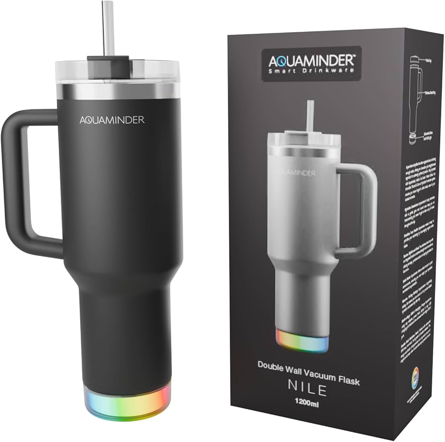 Aquaminder Smart Tumbler 1200ml Stainless Steel Vacuum Flask with Lid & Straw – SS304, Cup Holder Friendly | Car, Gym, Yoga & Travel Mug (Nile Plus, Black) - Image 1