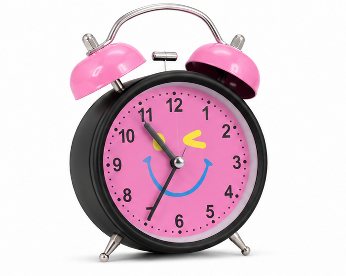 Black & Pink Twin Bell Analog Alarm Clock with Smiley Face Dial - Image 4