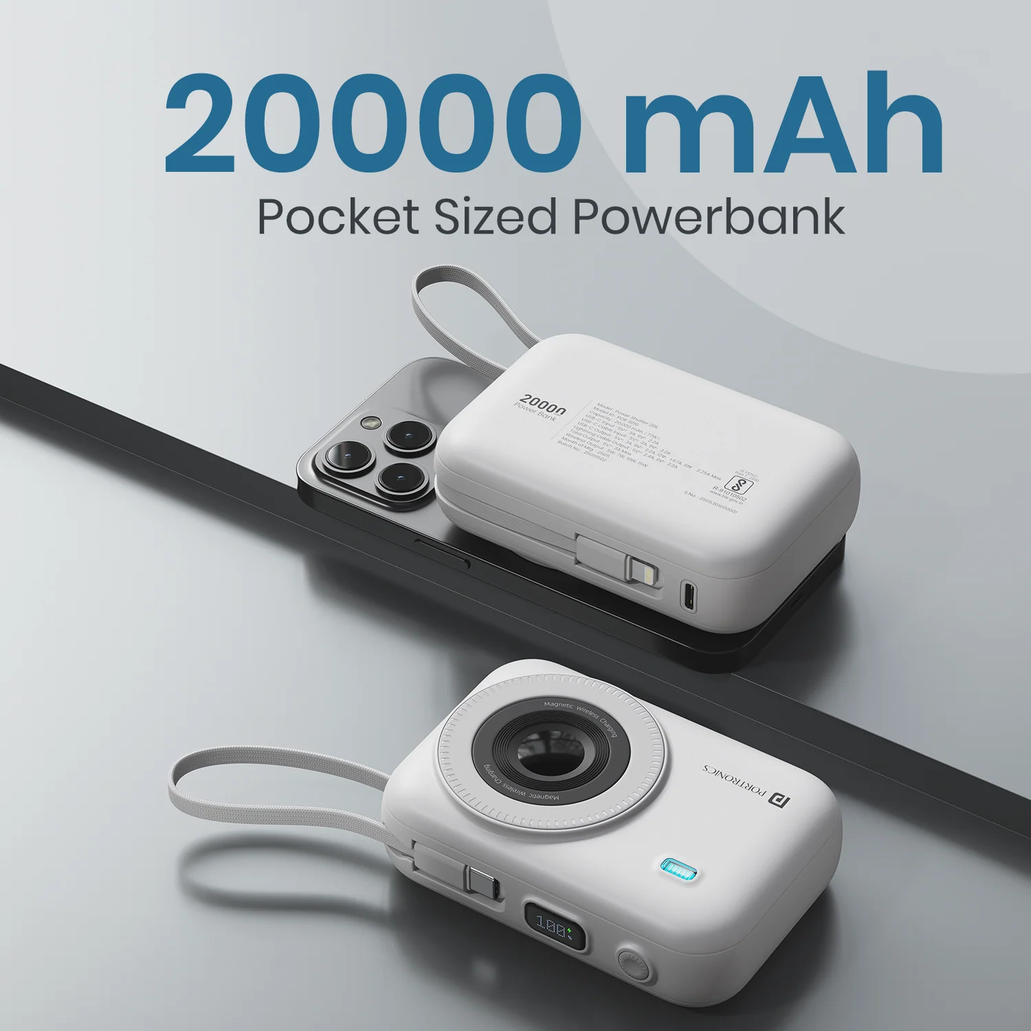 Portronics Power Shutter 20000mAh 15W Magnetic Wireless Fast Charging Powerbank with in-Built Type C & 8 Pin Cable, 22.5W Type C PD Output(White) - Image 5