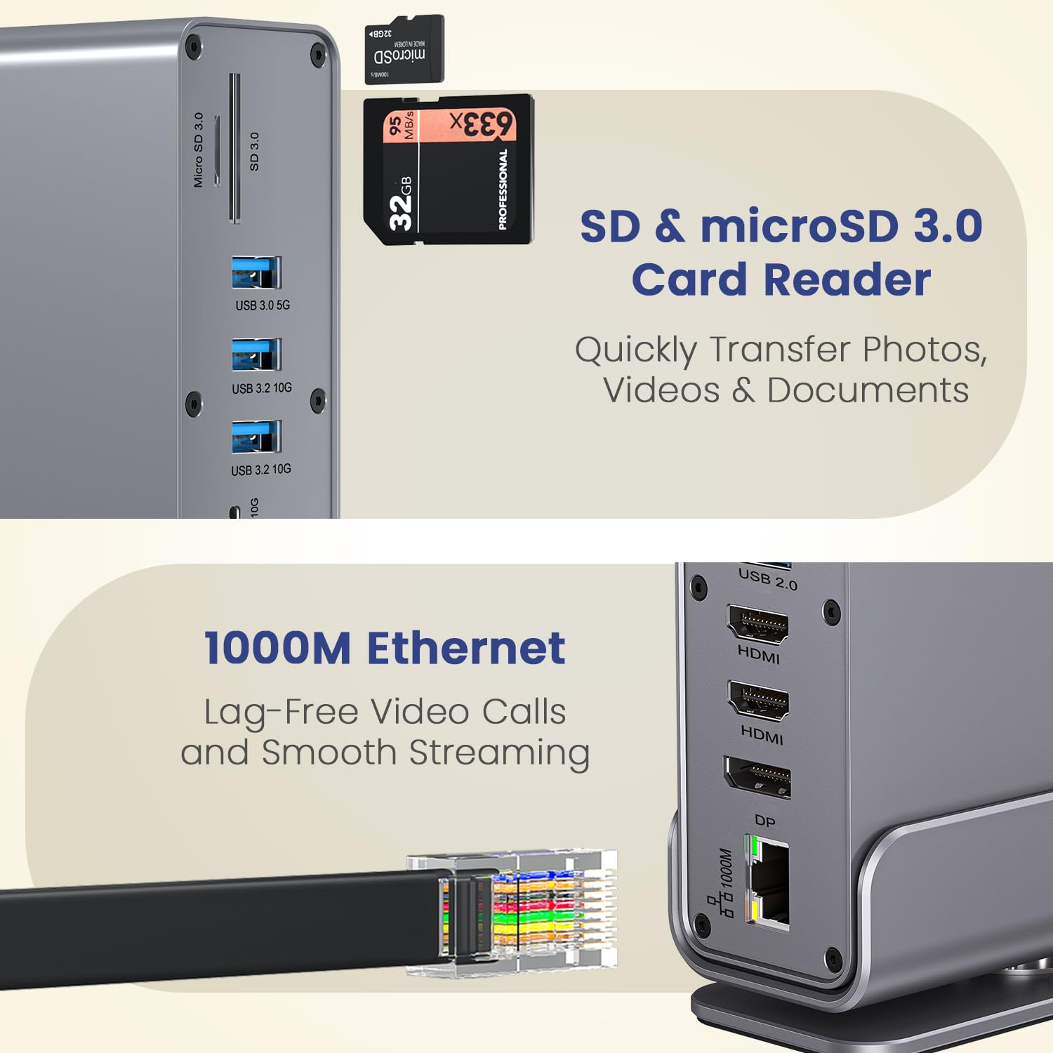 Portronics MPort Vault Pro 15-in-1 Type-C Metal Docking Station, Dual 4K@30Hz HDMI, 8K@30Hz DP, Triple Display Outpt, 100W PD, USB 3.2 & 3.0, 1000M Ethernet, SD/microSD 3.0 Slots Portronics MPort Vault Pro 15-in-1 Type-C Metal Docking Station, Dual 4K@30Hz HDMI, 8K@30Hz DP, Triple Display Outpt, 100W PD, USB 3.2 & 3.0, 1000M Ethernet, SD/microSD 3.0 Slots - Image 7