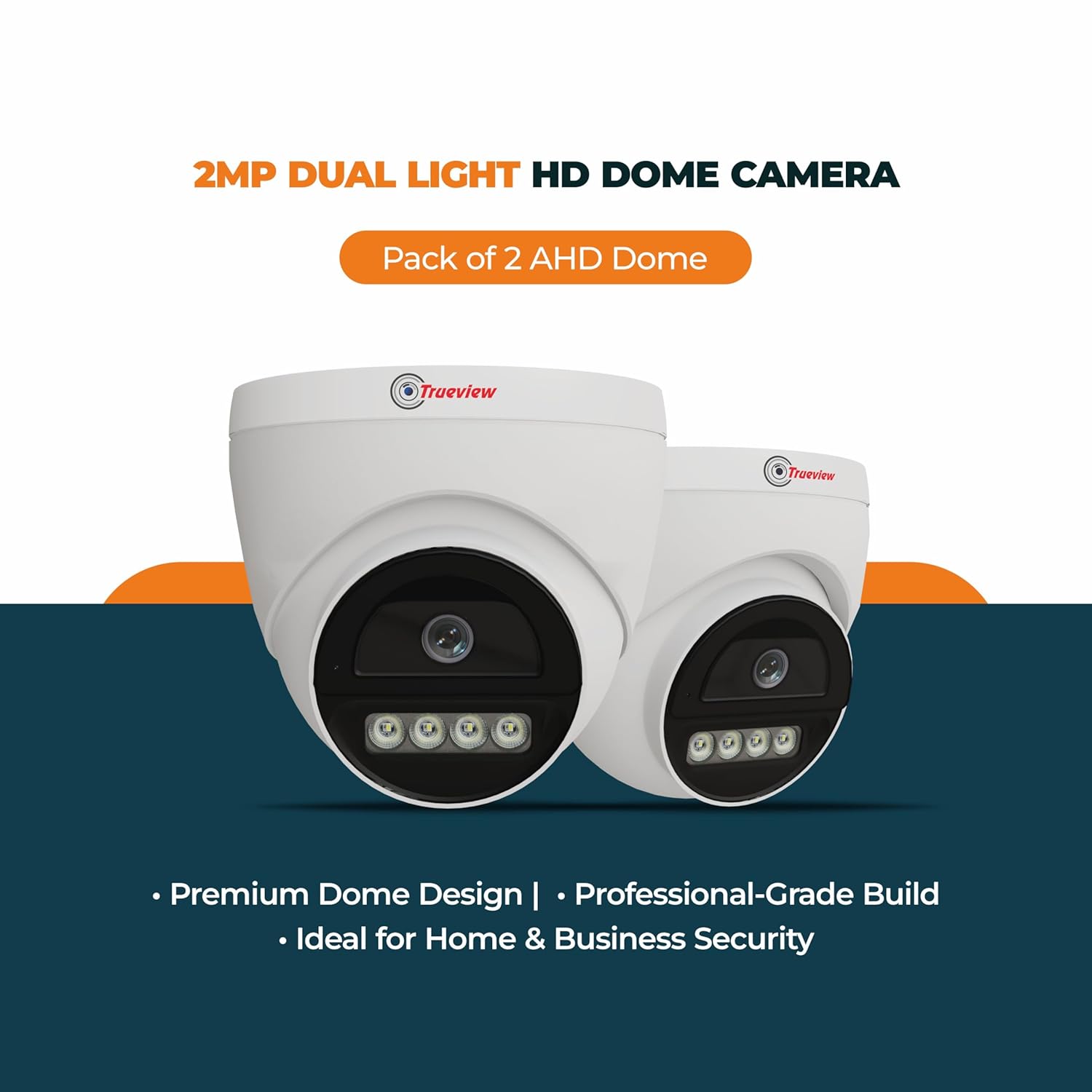 Trueview 2MP Dual Light HD Dome Wired CCTV Camera with Built-in Mic | Works with DVR (TVI/AHD/CVI/CVBS) | All Time Color Vision, 3.6mm Lens, 20M IR, 15M White LED | H.265 Compression (Pack of 2) - Image 2