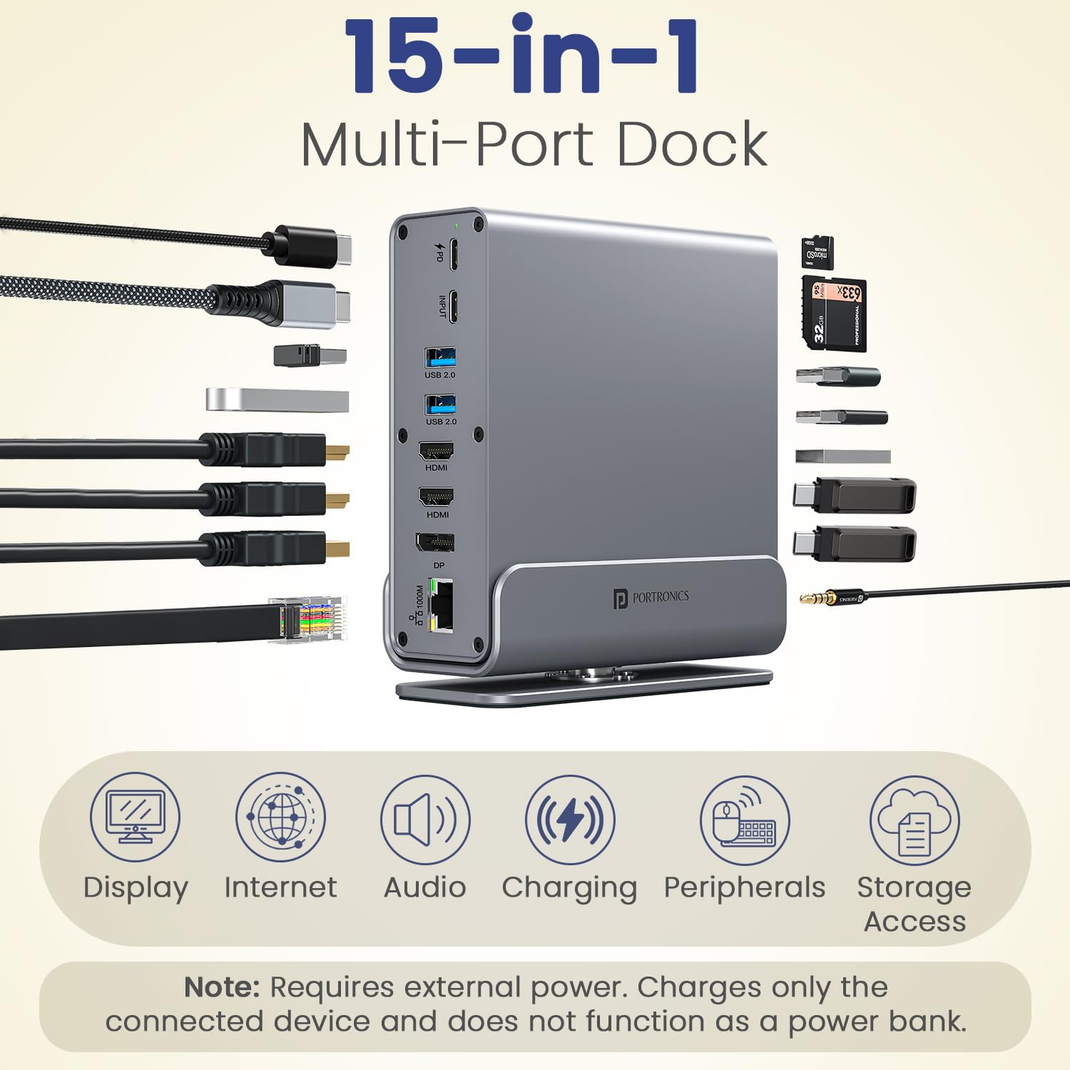Portronics MPort Vault Pro 15-in-1 Type-C Metal Docking Station, Dual 4K@30Hz HDMI, 8K@30Hz DP, Triple Display Outpt, 100W PD, USB 3.2 & 3.0, 1000M Ethernet, SD/microSD 3.0 Slots Portronics MPort Vault Pro 15-in-1 Type-C Metal Docking Station, Dual 4K@30Hz HDMI, 8K@30Hz DP, Triple Display Outpt, 100W PD, USB 3.2 & 3.0, 1000M Ethernet, SD/microSD 3.0 Slots - Image 2
