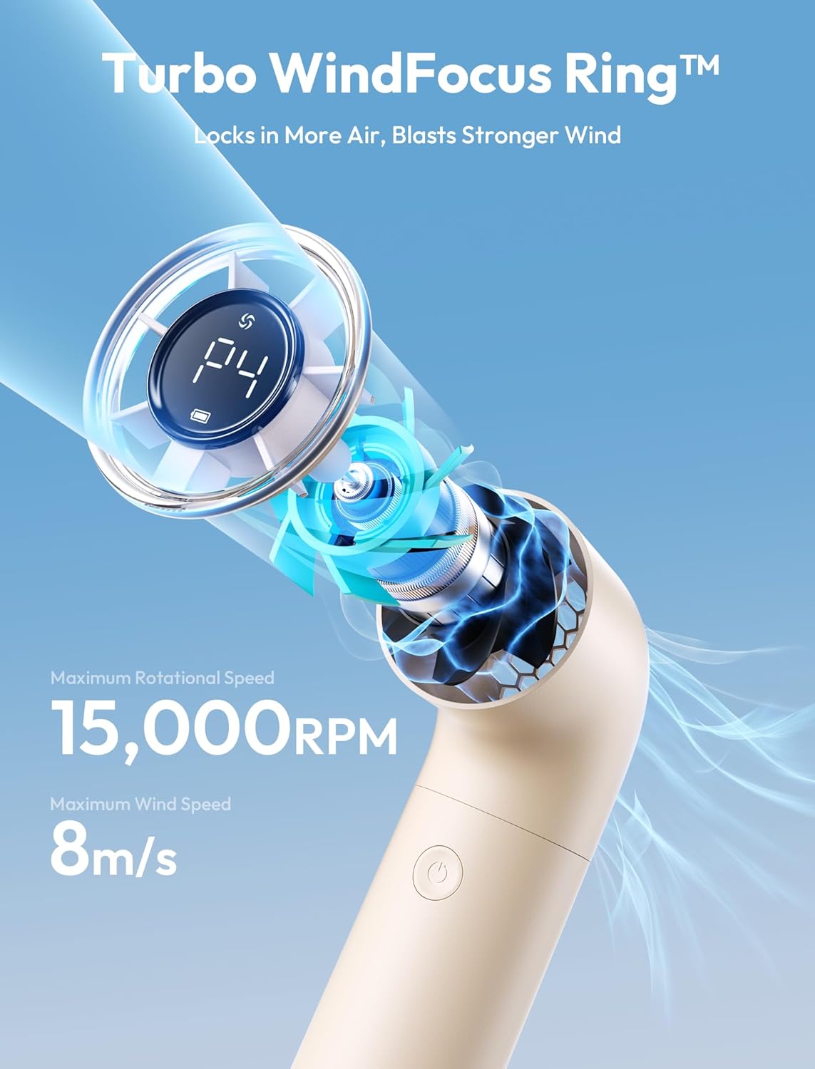 Aecooly Portable Handheld Fan, Powerful Turbo Mini Fan, 15000 RPM High Speed Aero, 8H Max Cooling Time, 4 Speeds Pocket Rechargeable Personal Small Travel GIfts for Women Men -Beige - Image 4