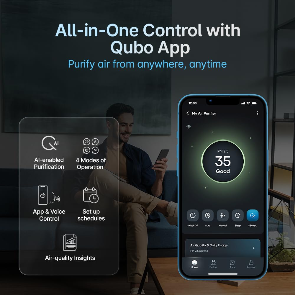 Qubo Smart Air Purifier for Home Q500, From Hero Group, Up To 500 Sqft, Removes 99.99% Allergens, App & Voice Control, Filter Life 9000 Hrs, True HEPA H13 Filter, Energy Saving, Ultra Quiet BLDC Motor - Image 9