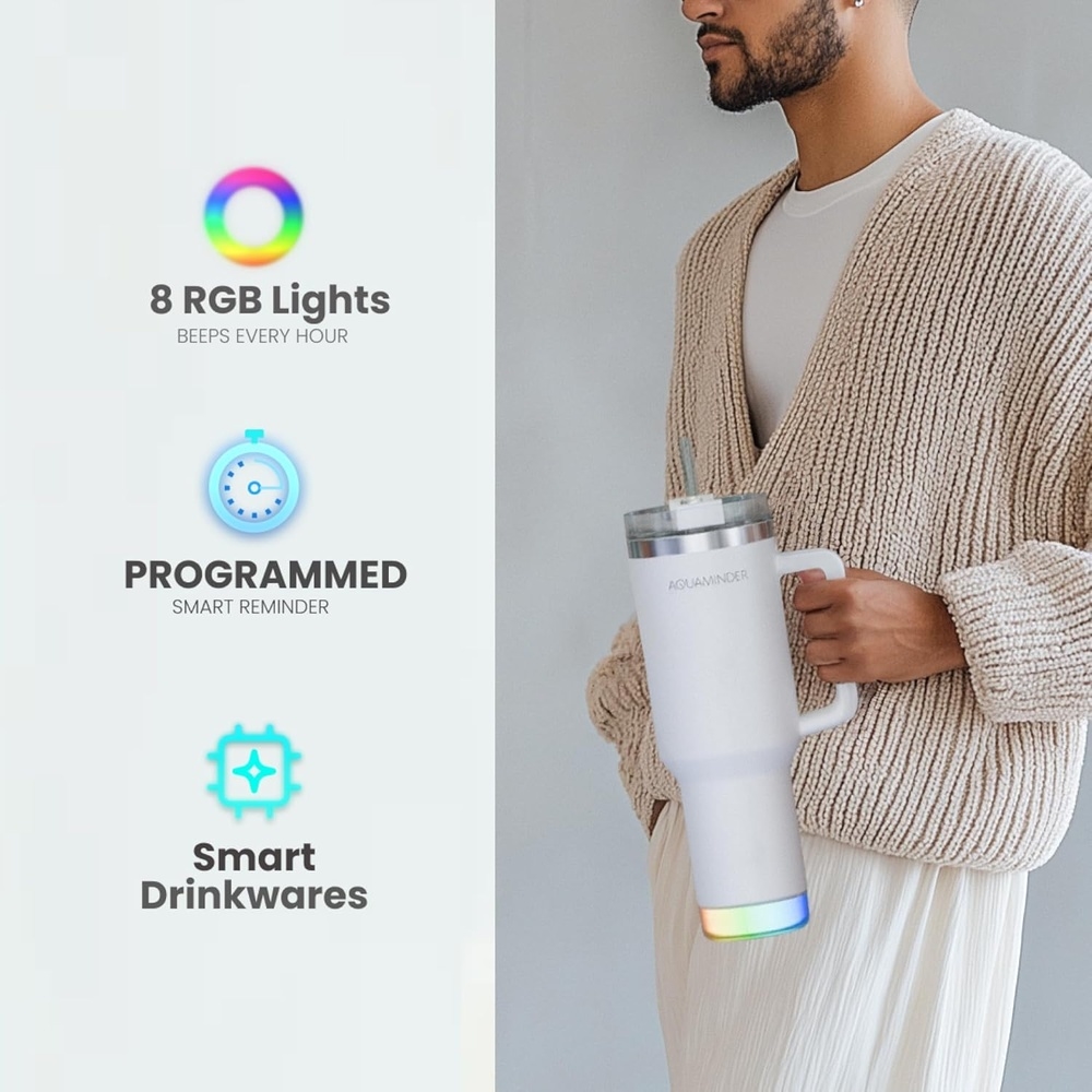 Aquaminder Smart Tumbler 1200ml Stainless Steel Vacuum Flask with Lid & Straw – SS304, Cup Holder Friendly | Car, Gym, Yoga & Travel Mug (Nile Plus, White) - Image 3