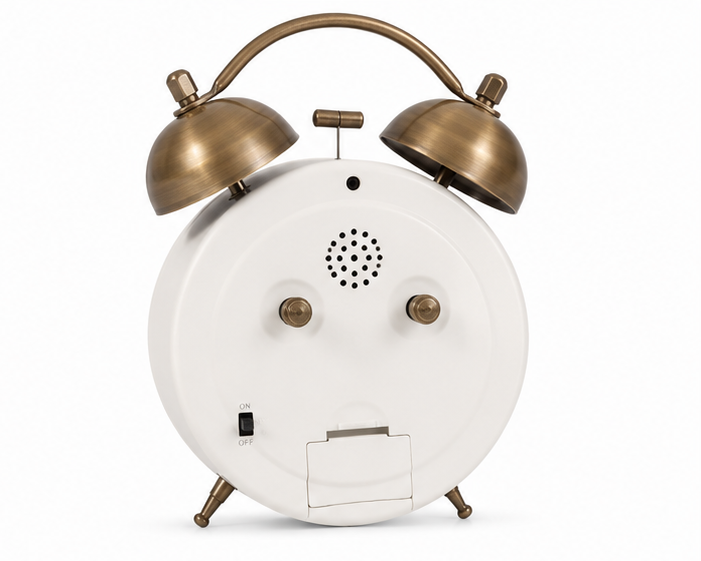 White Vintage Twin Bell Analog Alarm Clock with Antique Gold Bells - Image 4