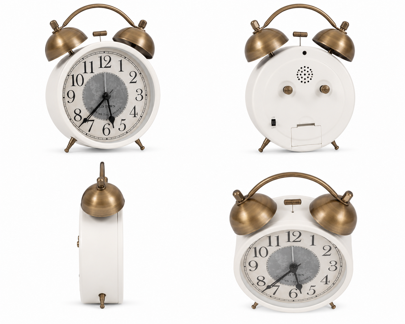 White Vintage Twin Bell Analog Alarm Clock with Antique Gold Bells - Image 5