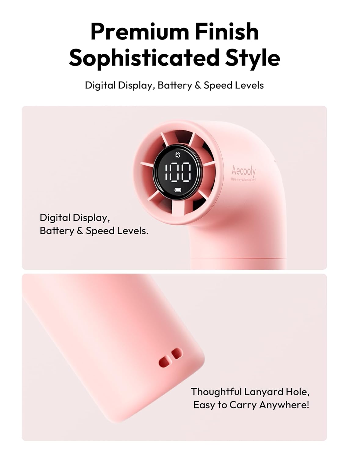 Aecooly Portable Handheld Aero Fan, High Speed Aluminum Case Turbo Mini r Fan with Honeycomb Air Inlet, Digital Display, Rechargeable Personal Small Pocket for Travel Beach -Pink - Image 5