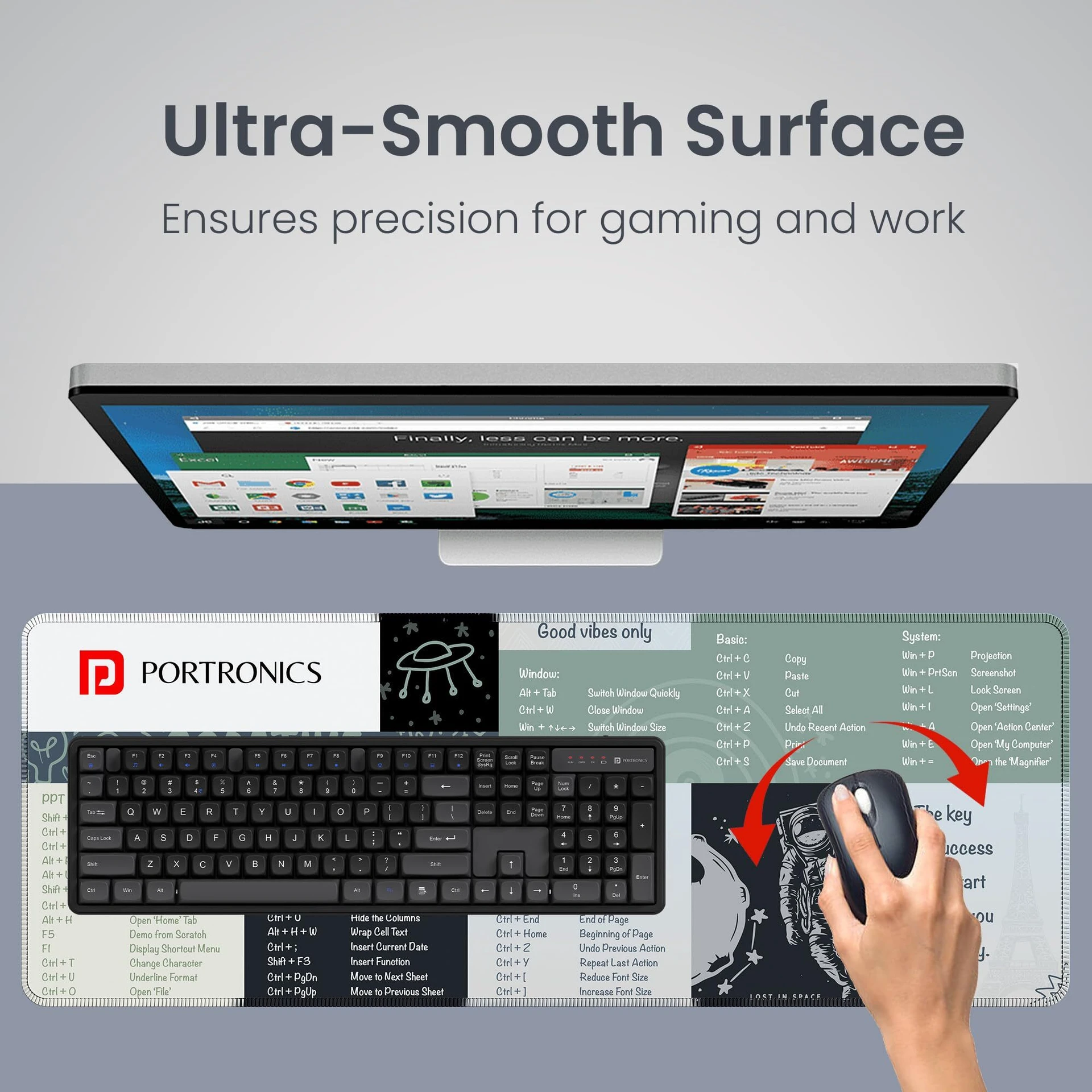 Portronics Comfipad 2 Extended Mouse Pad, Windows Shortcuts, Non-Slip Base, Stitched Edges Non Slip Base Mousepad (Grey) - Image 4