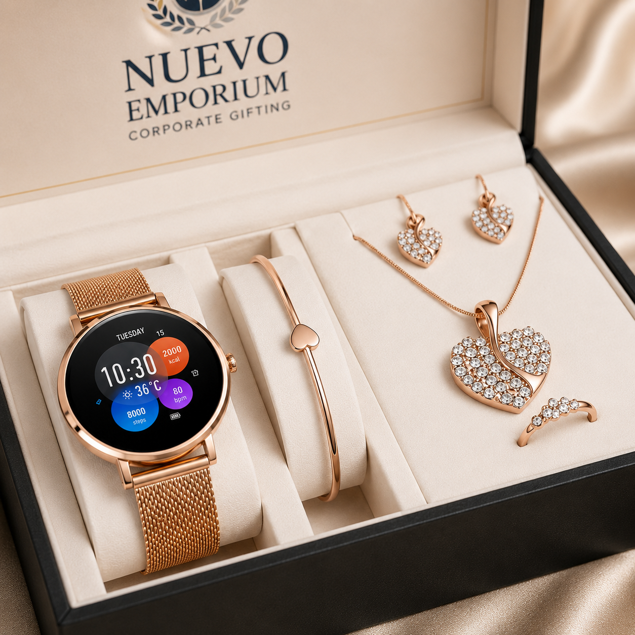 Nuevo AuraSync Luxe – Urban Smartwatch & Premium Jewellery Gift Set | Elegant Rose Gold Fashion Accessories | Luxury Gift Box - Image 3