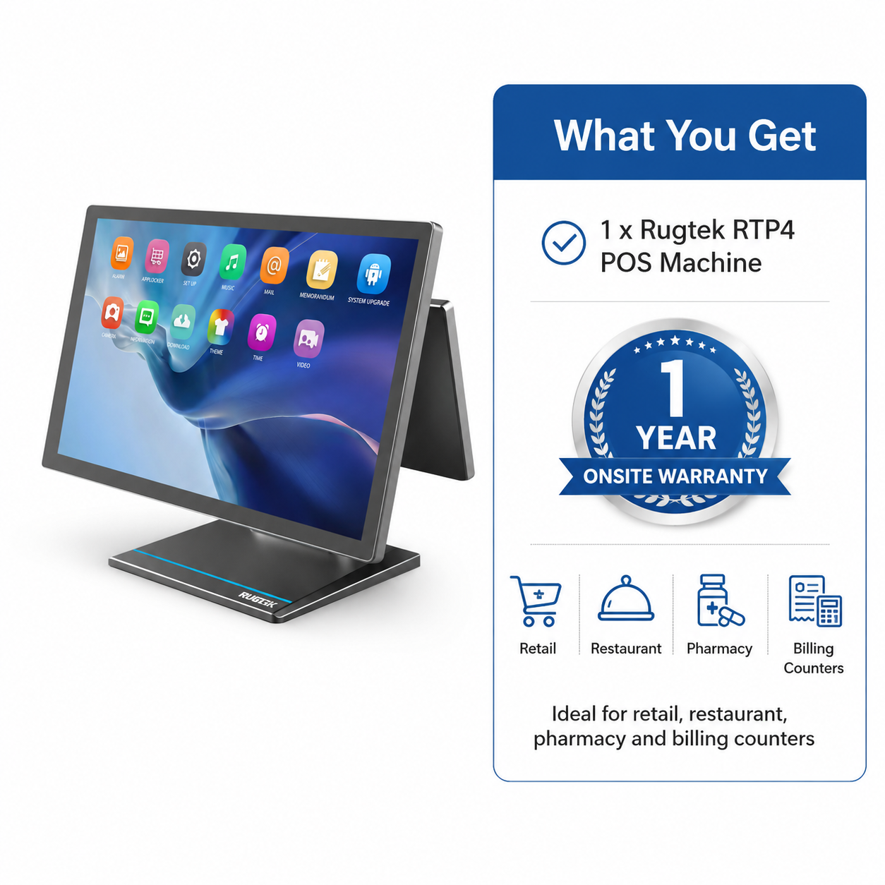 Rugtek RTP4 POS Machine – 15.6" Sleek Android 13 Terminal, RK3568 Quad-Core, 4GB RAM, 64GB eMMC, WiFi+BT, Multiple Ports, 1 Year Onsite Warranty - Image 7
