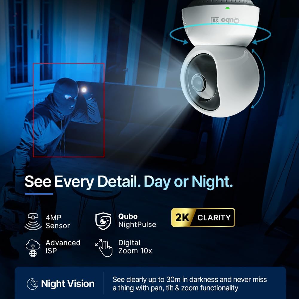 Qubo Smart 360 Ultra 2K 4MP 1440p WiFi CCTV Security Camera for Home from Hero Group | Mobile App | Two Way Talk | Night Vision | Cloud & SD Card Recording | Made in India | Alexa & OK Google | - Image 4