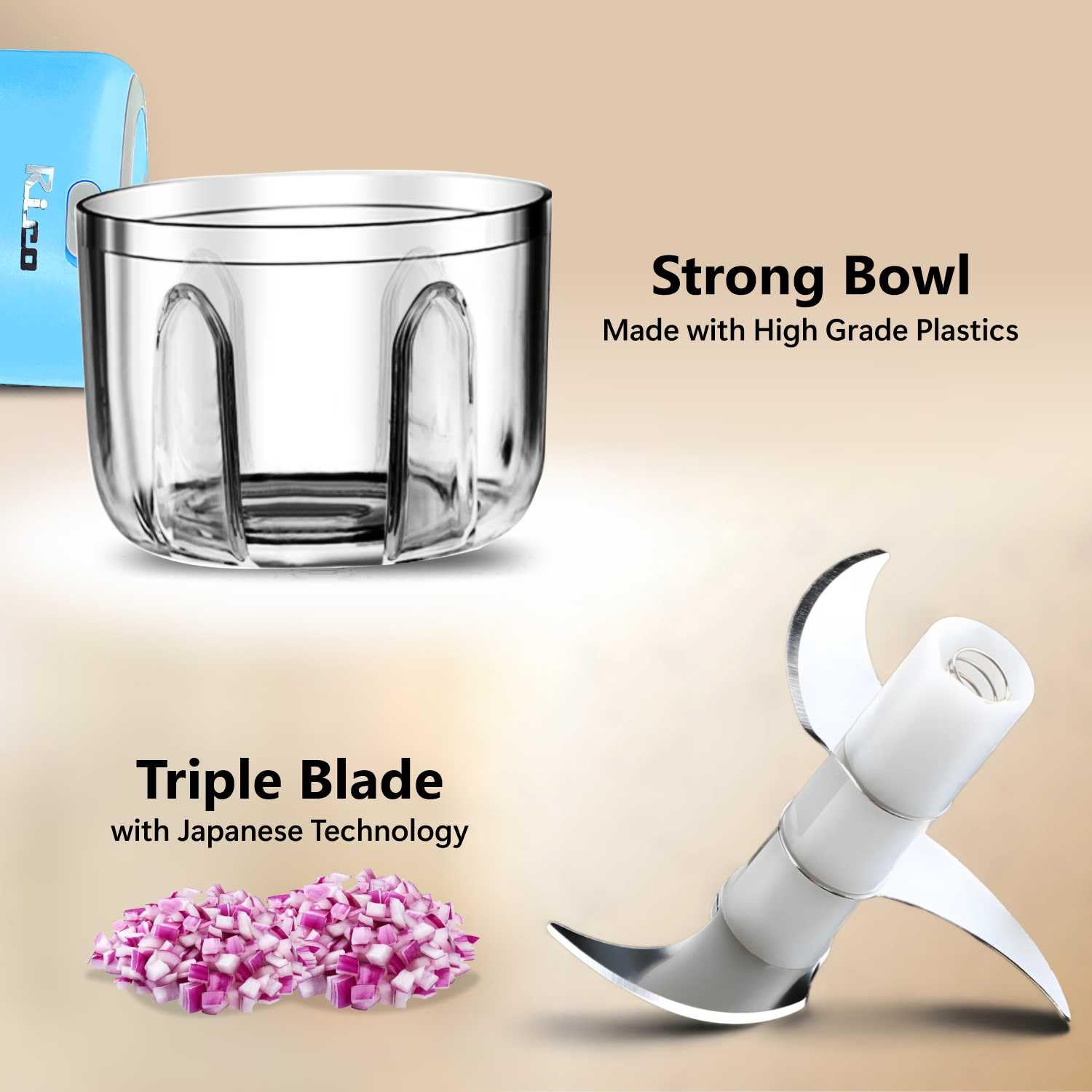 Rico Mini Electric Rechargeable Chopper for Kitchen | 1200mAh Battery, 50% Faster USB-C Charging | 250ml Onion & Vegetable Cutter | 1 Year Replacement Warranty | Ideal for Busy Moms (Blue) Rico Mini Electric Rechargeable Chopper for Kitchen | 1200mAh Battery, 50% Faster USB-C Charging | 250ml Onion & Vegetable Cutter | 1 Year Replacement Warranty | Ideal for Busy Moms (Blue) - Image 3