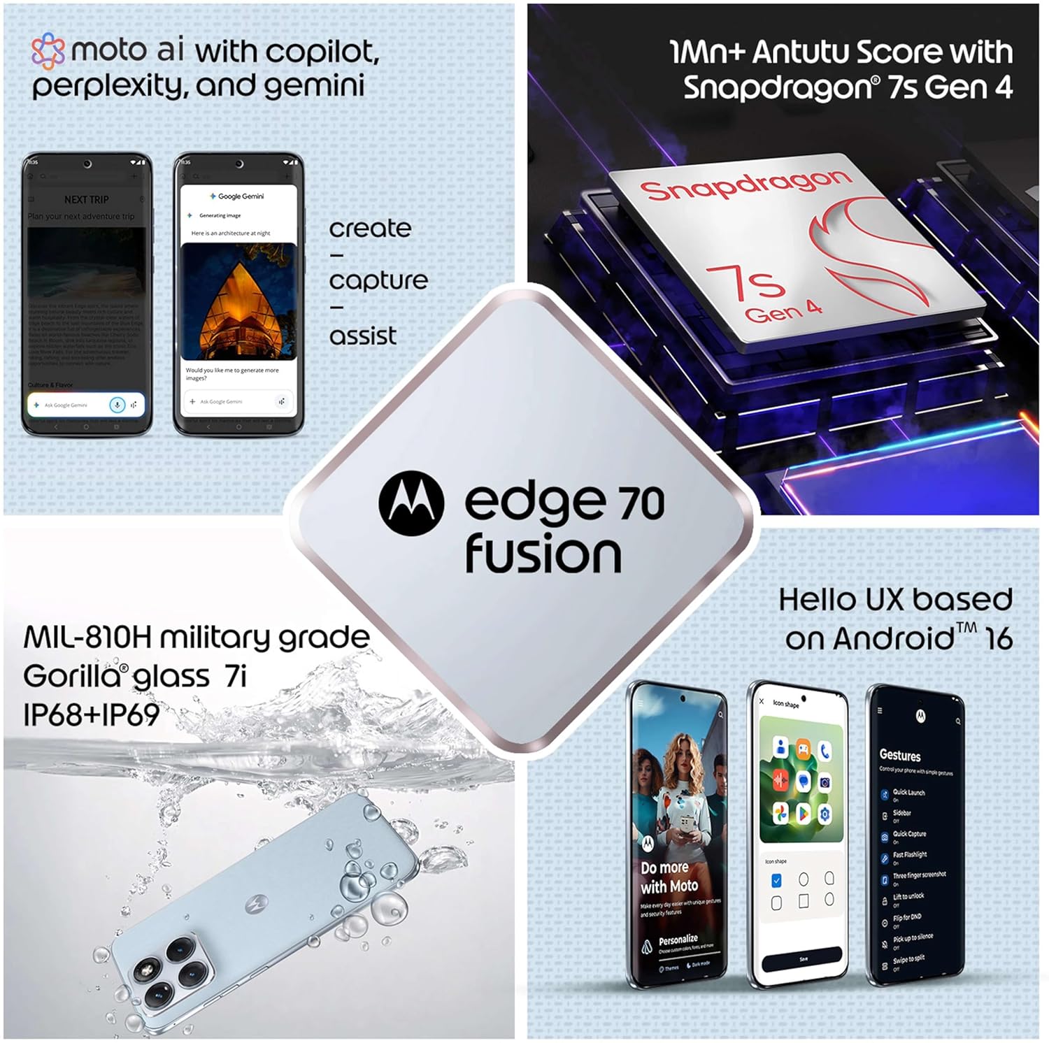 Motorola Edge 70 Fusion (Pantone Country Air, 12GB RAM, 256GB Storage) | 6.78" 144Hz 1.5K AMOLED Display | Snapdragon 7s Gen 4 | 50MP Sony LYTIA 710 OIS | 7000mAh Battery | 68W TurboPower | - Image 4