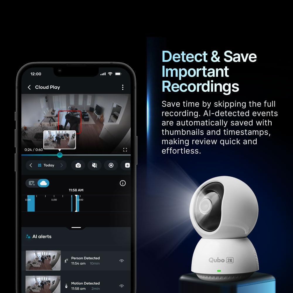 Qubo Smart 360 Ultra 2K 4MP 1440p WiFi CCTV Security Camera for Home from Hero Group | Mobile App | Two Way Talk | Night Vision | Cloud & SD Card Recording | Made in India | Alexa & OK Google | - Image 6