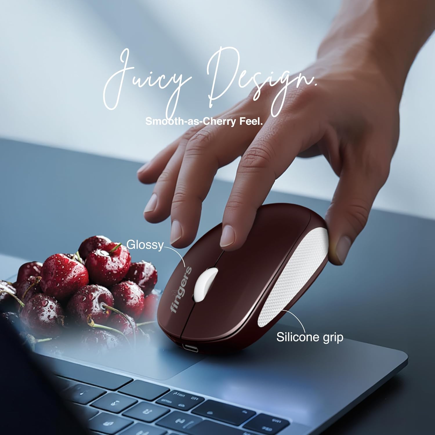 FINGERS CherryGrip Wireless Mouse - 3-in-1 (Bluetooth + USB Receiver + Rechargeable), Adjustable DPI (800/1200/1600), Ambidextrous, Anti-Slip Grip, Simple Plug-n-Play - Cherry Red - Image 5