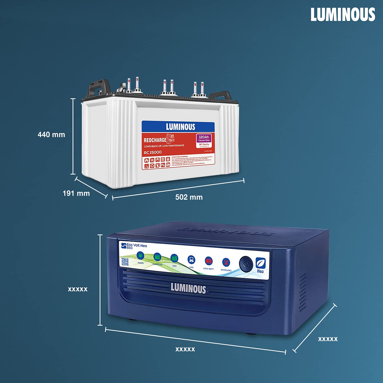 Luminous Eco Volt Neo 850 Pure Sine Wave 700VA/12V Inverter with Red Charge RC 15000PRO 120Ah Battery Combo | Ideal for Home, Office & Shops | 36M Inverter & 48M Battery Warranty - Image 6