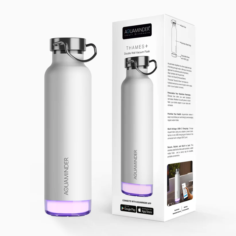 Aquaminder Thames+ Smart Water Bottle 600ml SS304 with App Connectivity – White - Image 1