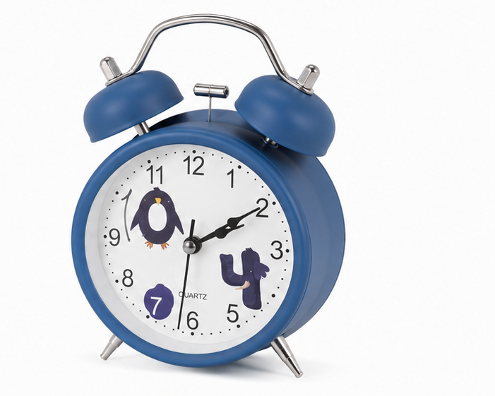 Blue Twin Bell Kids Analog Alarm Clock with Cartoon Dial - Image 1