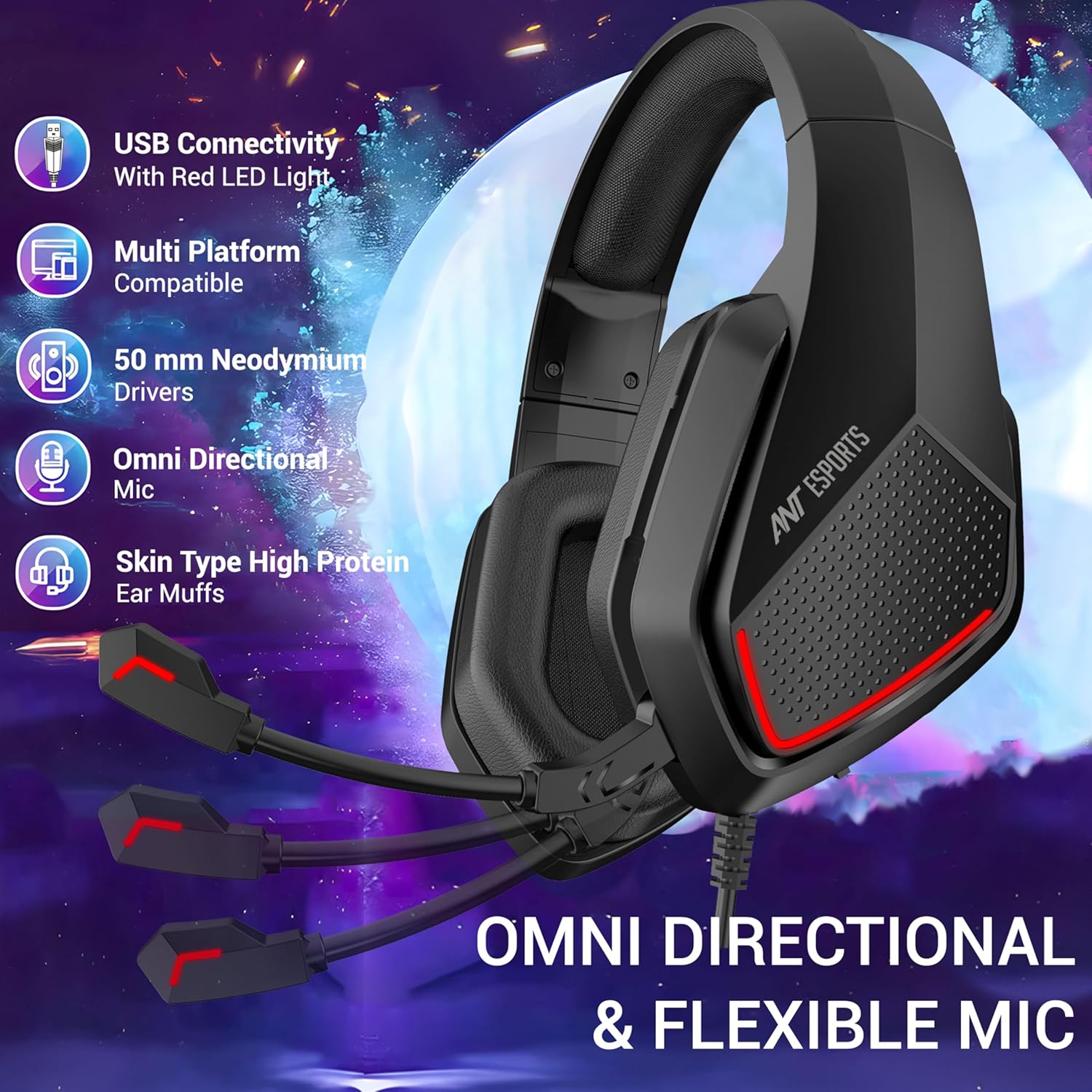 Ant Esports H590 7.1 Surround Sound Gaming Headset, USB Wired Over-Ear Headphones with 50mm Drivers, Noise Cancelling Mic, Red LED, Soft Earmuffs, for PC, PS5, Xbox, Laptop - Image 3