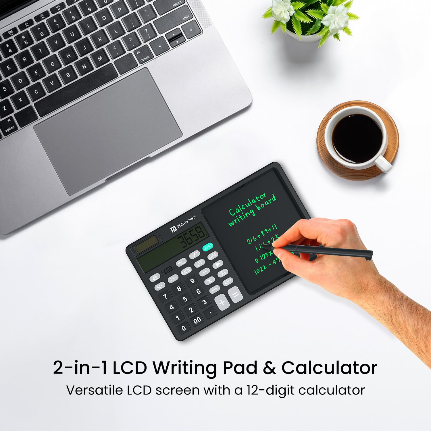 Portronics Ruffpad Calc 2 2-in-1 Calculator & LCD Writing Pad with 14.4 cm Writing Area, Multi Function Digital Calculator Stylus Pen for Students, Birthday Gift, Kids Toys, School, Office(Black) - Image 2