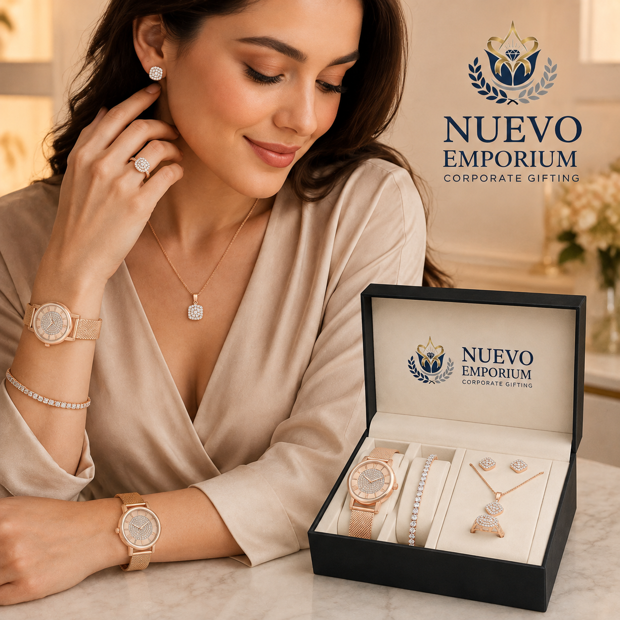Nuevo RoseÉlan Premium Rose Gold Watch & Jewellery Gift Set for Women | Necklace, Earrings, Ring & Bracelet | Luxury Gift Box - Image 9