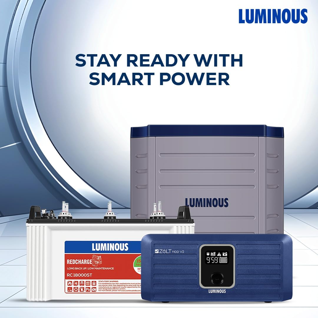 Luminous Inverter & Battery Combo with Trolley for Home, Shop & Office – Zolt 1100 (900VA/12V) Pure Sine Wave Inverter + RC18000ST 150Ah Short Tubular Battery | 36M Warranty on Inverter & Battery - Image 2