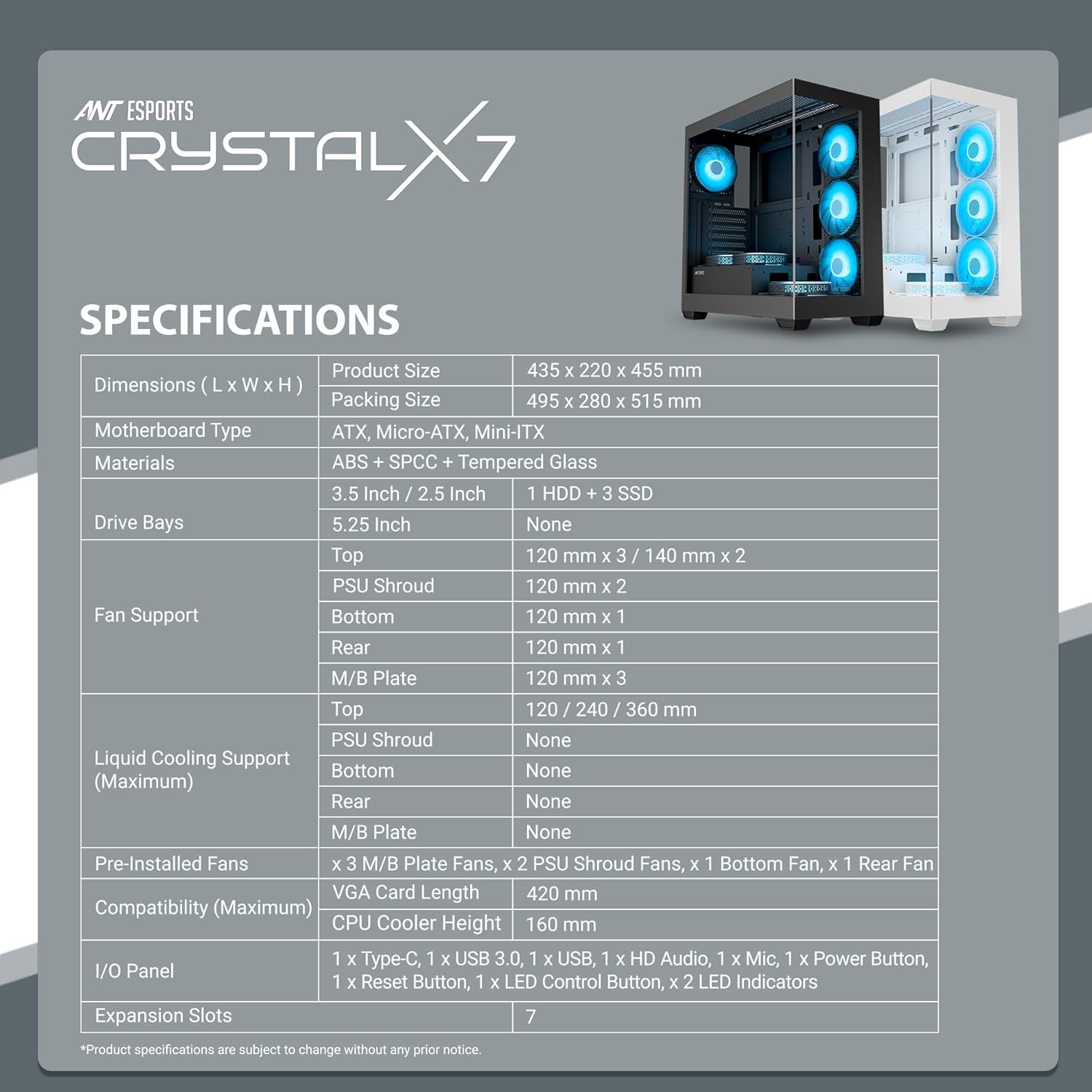 Ant Esports Crystal X7 ATX Computer Case/Gaming BlackType-C, supports ATX Micro-ATX Mini-ITX, 3 M/B plate fans, 2 PSU shroud fans - Image 15