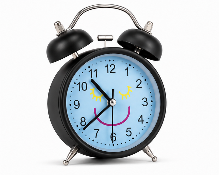 Black Twin Bell Analog Alarm Clock with Smiley Face Blue Dial - Image 1