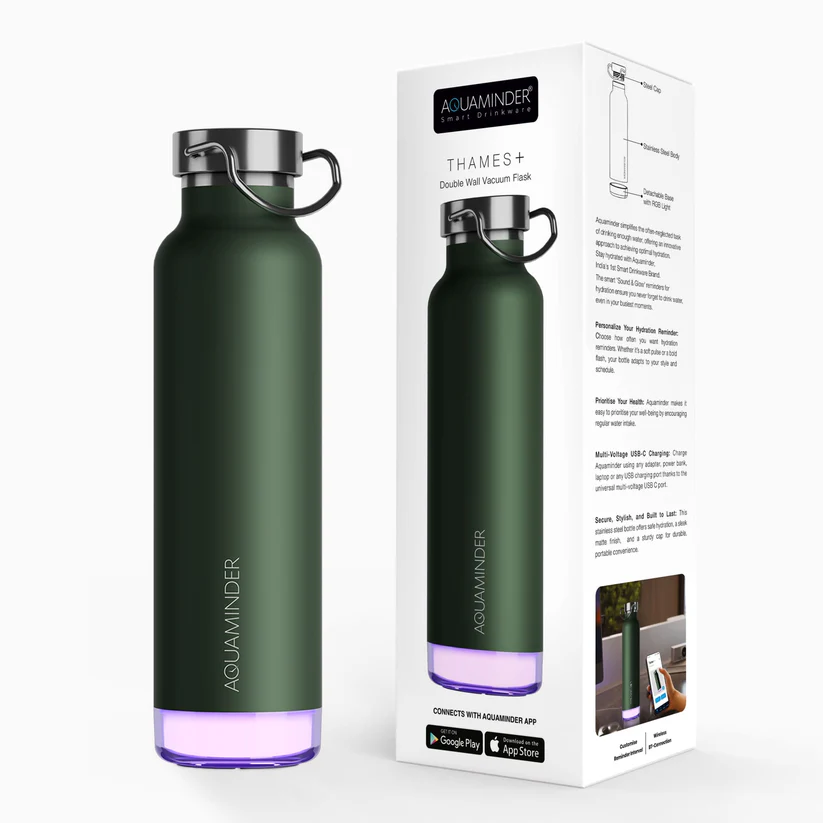 Aquaminder Thames+ Smart Water Bottle 600ml SS304 with App Connectivity – Olive - Image 1