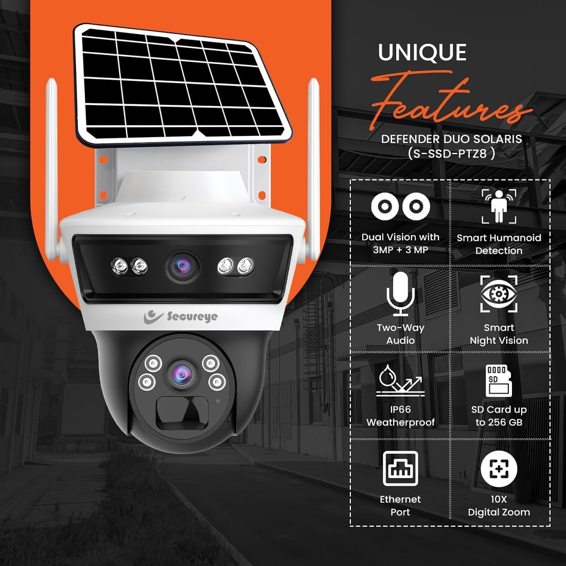 Secureye Pelican Series Defender Duo Solaris | 4G Solar Linkage Dual Lens 3MP+3MP Camera | Home/Commercial Security Camera | 2 Way Talk | Supports Up to 256GB TF Card Storage Secureye Pelican Series Defender Duo Solaris | 4G Solar Linkage Dual Lens 3MP+3MP Camera | Home/Commercial Security Camera | 2 Way Talk | Supports Up to 256GB TF Card Storage - Image 2